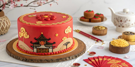 These descriptions provide a variety of creative ideas for sthemed cakes that align with the festive spirit of Chinese New Year..の素材