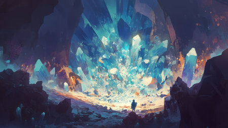 In a dark secluded cave there is a hidden chamber filled with thousands of tiny glowing crystal shards exuding an otherworldly energyの素材