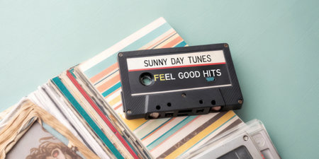 An overhead shot of a cassette tape p atop a stack of retro magazines the label filled with quirky song titles like Sunny Day Tunes and Feel Good Hits. The composition is styled.の素材