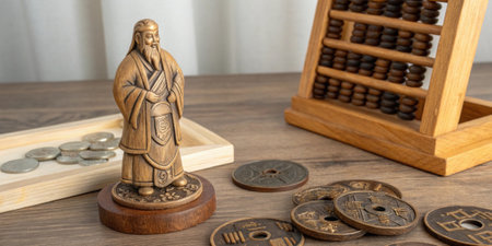S with Chinese Coins A composition where a wood s carving is elegantly entwined with old Chinese coins representing wealth and luck depicted on a simple wooden table setting..の素材