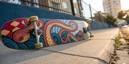 Skateboard Deck with S Design A skateboard deck showcasing an artistic representation of a s slithering through abstract shapes and colors resting on a sidewalk..の素材