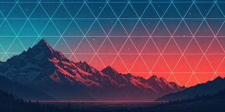 A smooth gradient from icy blue to fiery red overlaid with geometric diamonds and sharp angular shapes that create a retro wallpaper feel harking back to classic design trends..の素材