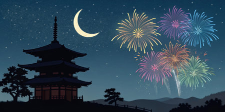 Crescent Moon and Fireworks A serene night scene featuring a temple silhouette with a crescent moon as colorful fireworks bloom like flowers in the night sky..の素材
