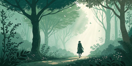 Dreamy Forest An ethereal depiction of a s drifting through an enchanted forest scene where the trees and foliage are rendered with soft green tones creating a dreamy atmosphere..の素材