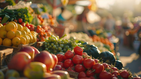 Defocused shot of a charming outdoor market abundant with fresh fruits and vegetablesの素材