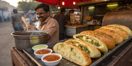 Street vendor preparing stuffed bread with sauces in indiaの素材