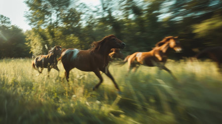 Blurry shots of horses galloping through a grassy pastureの素材