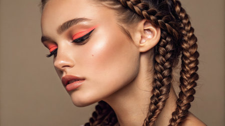 This portrait captures a serene model with elaborate braids framing her face beautifully. Her makeup includes muted earth tones and soft contouring. The unexpected burst of neon.の素材