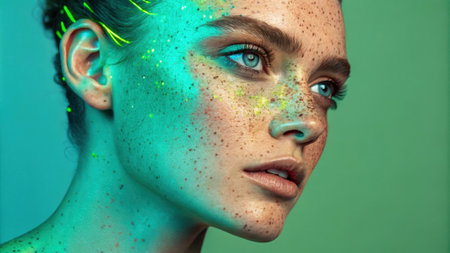 The subject in this portrait showcases striking freckles in bright shades of turquoise and lime green tered across their face. The added neon glitter accents bring a festive.の素材