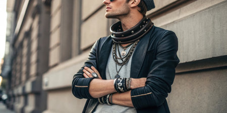 Fashion model wearing leather neckband and jewelry posing in urban settingの素材