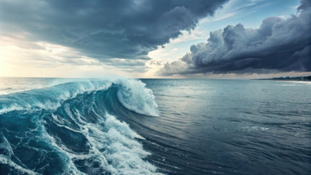 Ocean waves A calm sea on one side and stormy waves crashing on the other illustrating the calm before a market downturn in margin trading..の素材