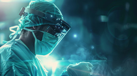 Surgeon performing advanced medical procedure with futuristic technologyの素材