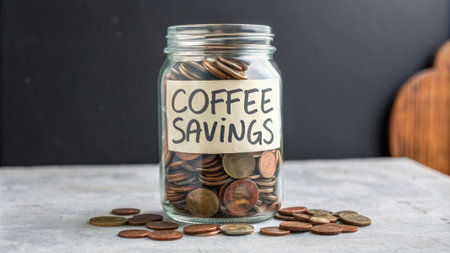 Coffee Savings Jar A clear jar filled with coins labeled Coffee Savings highlighting the impact of ting out daily coffee purchases..の素材