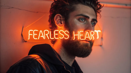 Portrait of Courage A young man with rugged features and a thick beard stands in a strong pose his face lit up in striking orange with the words Fearless Heart cascading down his.の素材