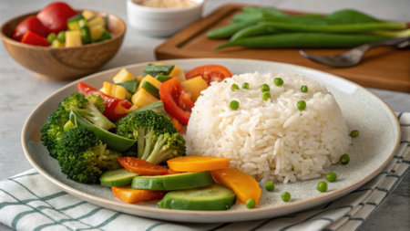 A simple meal of rice and vegetables on a plate indicating costeffective and healthy eating..の素材