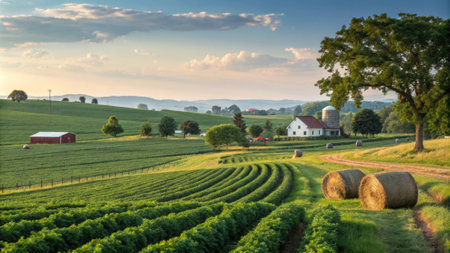 A serene landscape with a farm showing crops growing alongside symbols of agricultural income sources..の素材