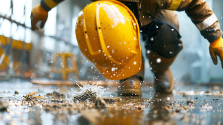 A poster featuring the big five safety hazards on construction sites falls electroion struckby objects caughtinbetween and heavy machinery accidentsの素材