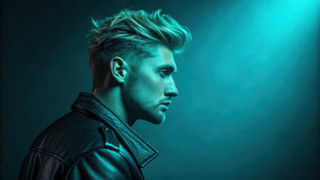 Bathed in a cool teal spotlight the portrait exudes a modern and edgy feel. The light accentuates angular features and sculpted while the surrounding darkness creates a captivating.の素材