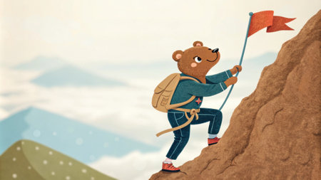 A miniature explorer climbs an imaginary mountain bear ears displaying strength showcasing a goaloriented attitude and resilience..の素材