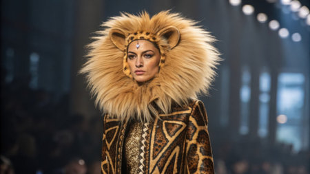 A fierce lioninspired ensemble boasting majestic fluffy ears with a golden hue accompanied by a voluminous tail that sways with a regal grace..の素材