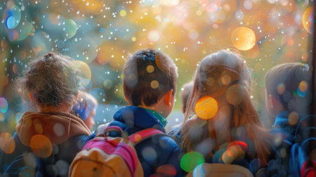 Hazy view of a group of kids huddled around a demonstration their curious faces alit with wonder and fascinationの素材