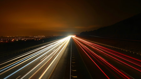 The contrast of bright headlights against the darkness of the parkway creates a stunning display of light trailsの素材