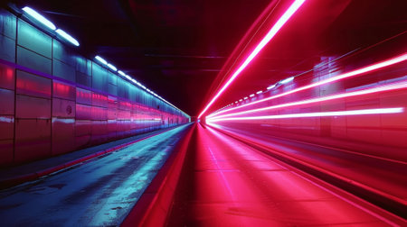 The offramp is like an illuminated tunnel with the car light trails creating a surreal and futuristic atmosphereの素材