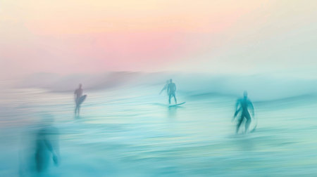 Waves and surfers merge into a colorful haze the stage for an epic competitionの素材