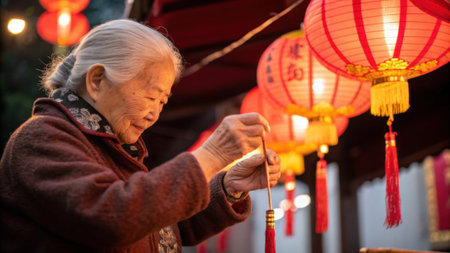 The grandmothers wrinkled hands deftly maneuver the needle as she adds a bright tassel to the bottom of the red charm. Around her hanging lanterns softly sway casting a warm glow.の素材