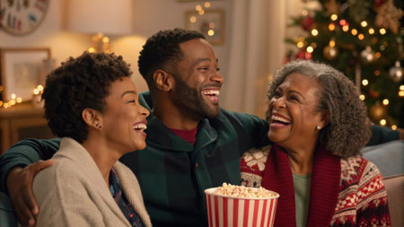 Sweet Memories One family member startles others with a surprising scene from the movie prompting spontaneous laughter. This joyful moment is captured emphasizing the happiness.の素材