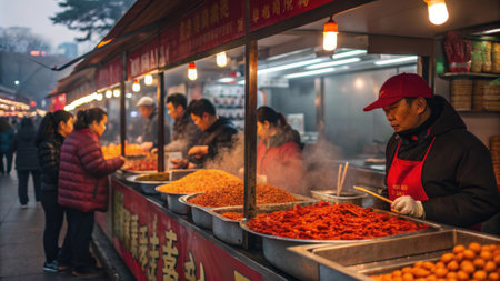 Spicy Snacks The air is rich with the scent of es from a stall selling hot y snacks. Customers eagerly line up to take bites of chiliinfused peanuts and crunchy ed rice crackers.の素材
