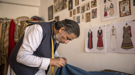 Time seems to stand still as the tailor carefully adjusts a hem their face saturated with focus. The richly decorated walls of the workshop are covered with fabric samples and.の素材