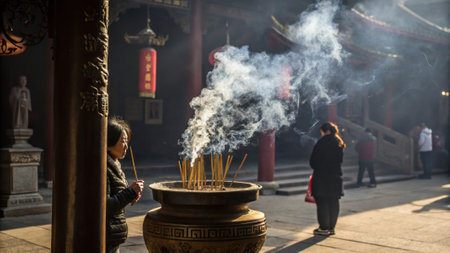 Smoke Spirals A moment captured where curling tendrils of smoke rise from the fire intertwining with the air symbolizing prayers and messages carried to the ancestral spirits. A.の素材