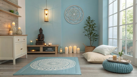 A peaceful room decorated with calming colors and candles creating a soothing atmosphere for mindfulness..の素材