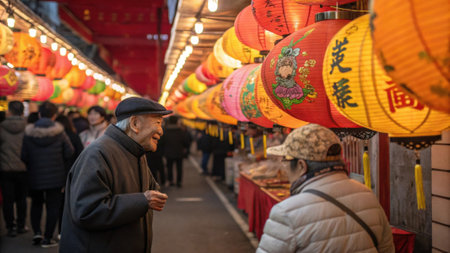 Lantern Festival Line A long line of eager customers waiting to purchase lanterns from a stall filled with a diverse assortment. The vendor a cheerful elderly man greets each.の素材