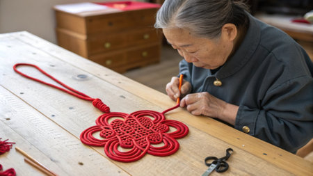 On a low wooden table the grandmother balances the halffinished red charm where intricate knotting swirls create a dazzling pattern. Her deep focus is evident.の素材