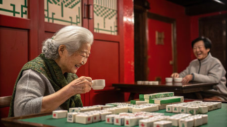 The vibrant red of the rooms walls contrasts beautifully with the white and green of the mahjong tiles. An elder woman with silver hair her face lined with the wisdom of age sips.の素材