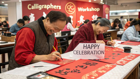 Joyful Celebration A lively workshop buzzes with the sounds of laughter and chatter as multiple calligraphers work together their tables lined with red paper adorned by auious.の素材