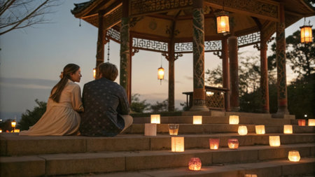 Quiet Reflection Seated on the steps of a beautifully decorated pavilion a young couple watches as the lanterns sway gently in the night breeze. They share their hopes for the.の素材
