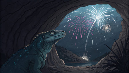 Encased in darkness the creatures iridescent scales glimmer slightly as it turns its head listening intently to the revelry beyond. Each explosion sends shockwaves through the cave.の素材