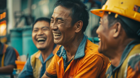 Workers sharing a laugh together during a break in the coordination meeting showcasing their good working relationship and team spiritの素材