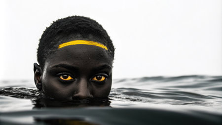 A portrait with half the face submerged in inky blackness contrasted by a luminous yellow line slashing across the forehead defining the brows and creating a sense of intrigue and.の素材