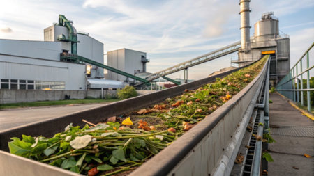 A conveyor belt moves plant residues towards a processing facility..の素材