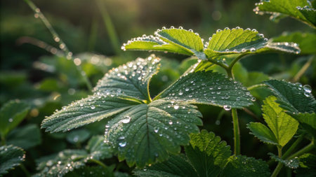Closeup of green leaves with dew drops sparkling in sunlight..の素材