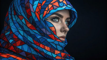 A striking abstract portrait emphasizes a face veiled by an intricate assembly of cobalt and coral glass layers. The vibrant colors into one another crafting an illusion of.の素材