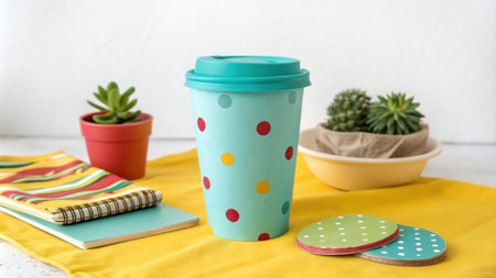 Turquoise reusable coffee cup with colorful dots and matching coasters on yellow tableclothの素材