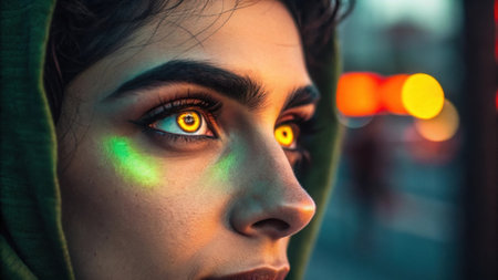 A striking portrait where the subjects eyes are lit by a swirling blend of neon yellow and orange lights. The contrast against their dark eyelashes and brows enhances the intensity.の素材