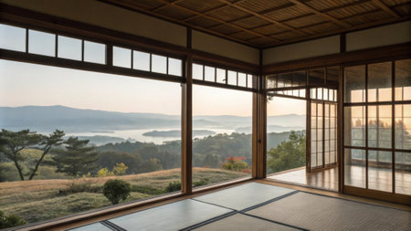 Large windows offer expansive views while allowing gentle breezes to flow through fostering a sense of tranquility and connection to nature..の素材