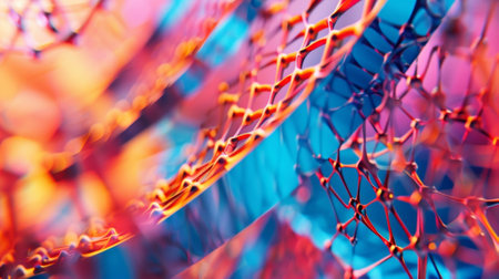 The vibrant colors weaving through the structure represent the diversity and potential of blockchain technology while simultaneously paying homage to the blueprints of lifeの素材