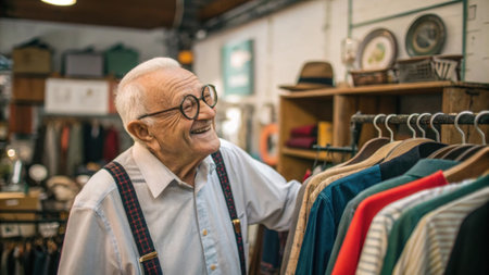 An elderly man with round glasses and suspenders oversees the sales area of a thrift store. He organizes clothes on racks while engaging in a lighthearted chat with a shopper. His.の素材